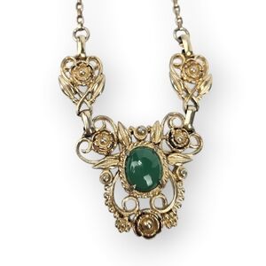 Victorian Revival Jadeite Necklace Ornate Floral Filigree Pendant Chain Vtg 15"